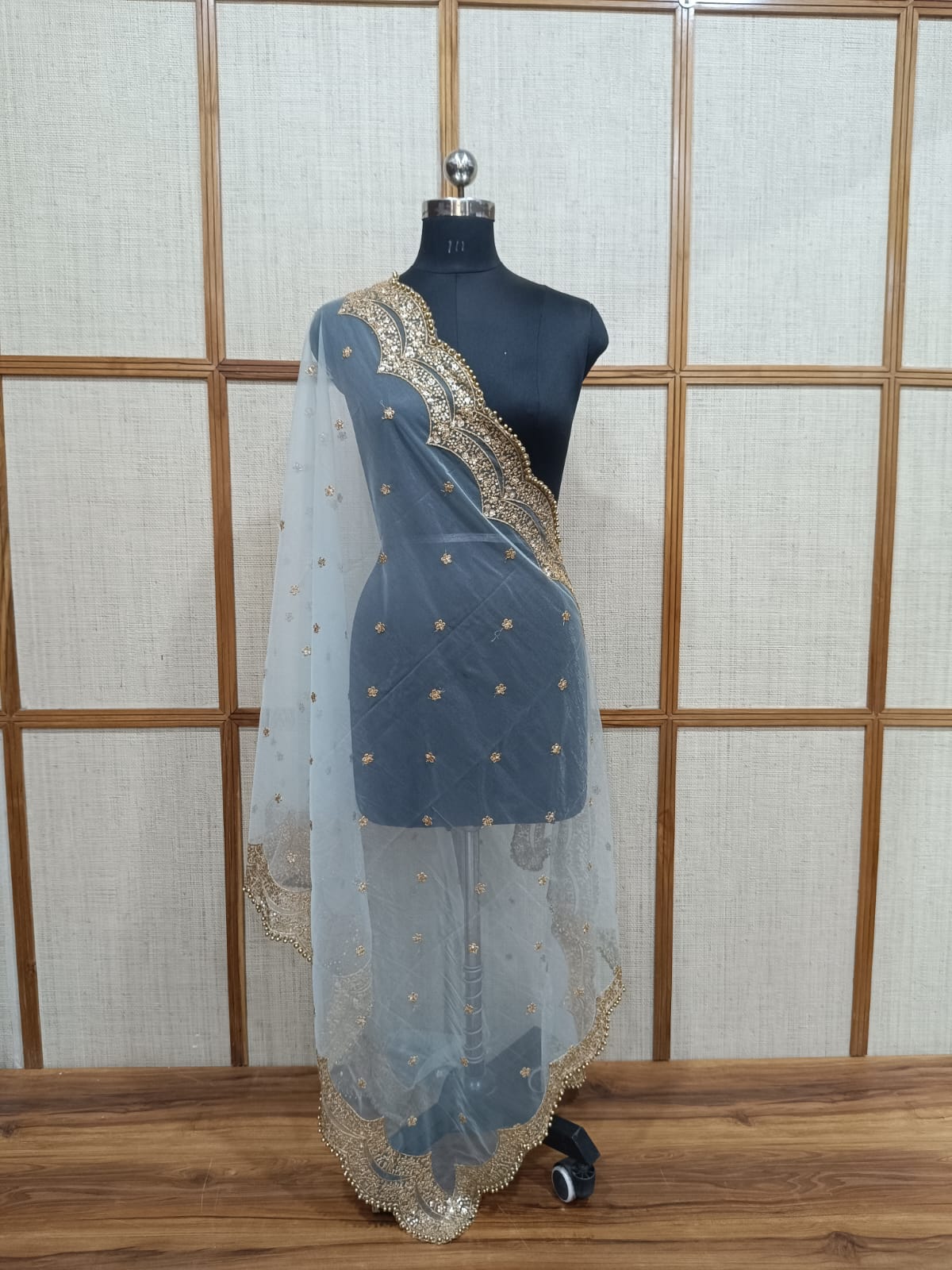 Pashloom Bridal Net Dupatta Featuring Zari Lace and Golden Pearl Cutwork