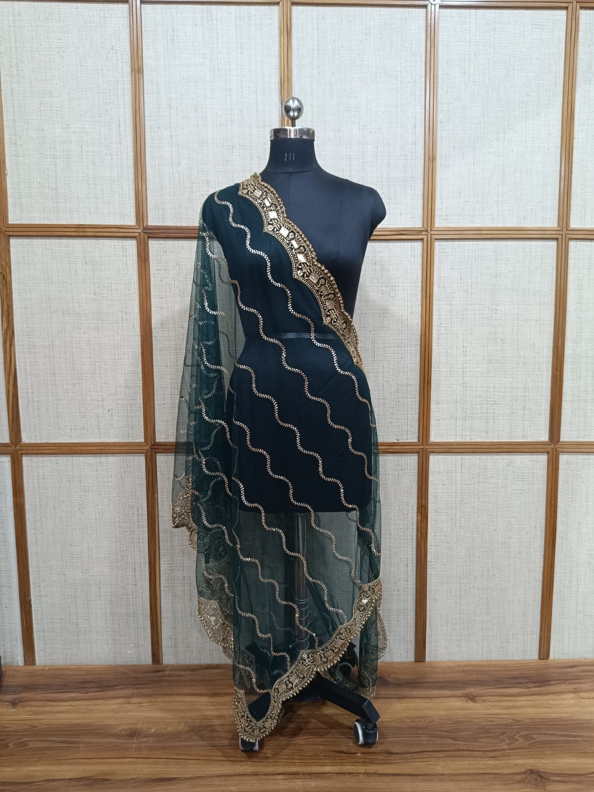 Pashloom Net Dupatta with Golden Pearl Cutwork Lace & 4-Side Zari Border for Double Dupatta on Lehengas