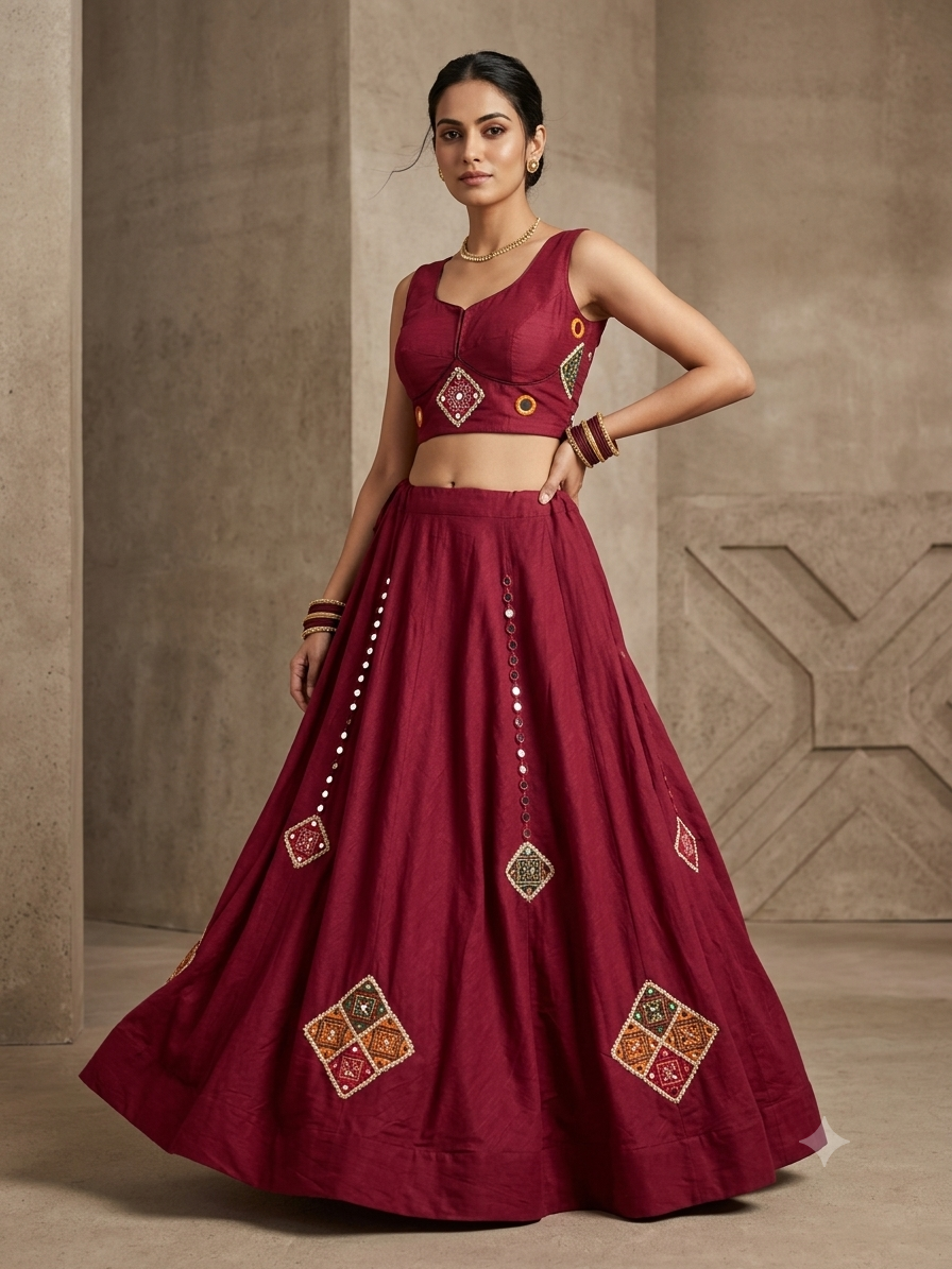 Maroon color jutchu patch work Navratri chaniya choli for women