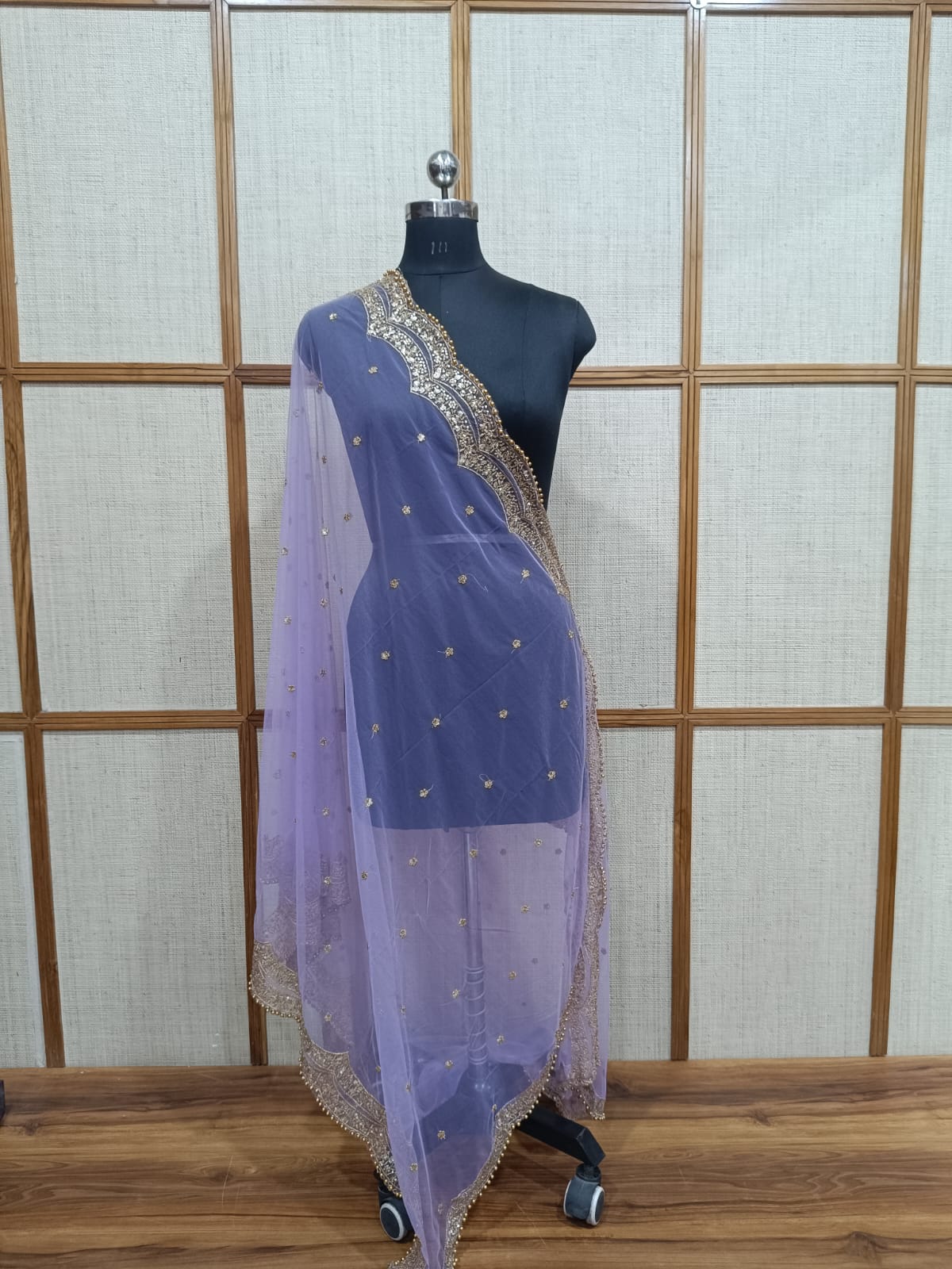 Pashloom Net Dupatta with Zari Lace & Golden Pearl Cutwork for Women