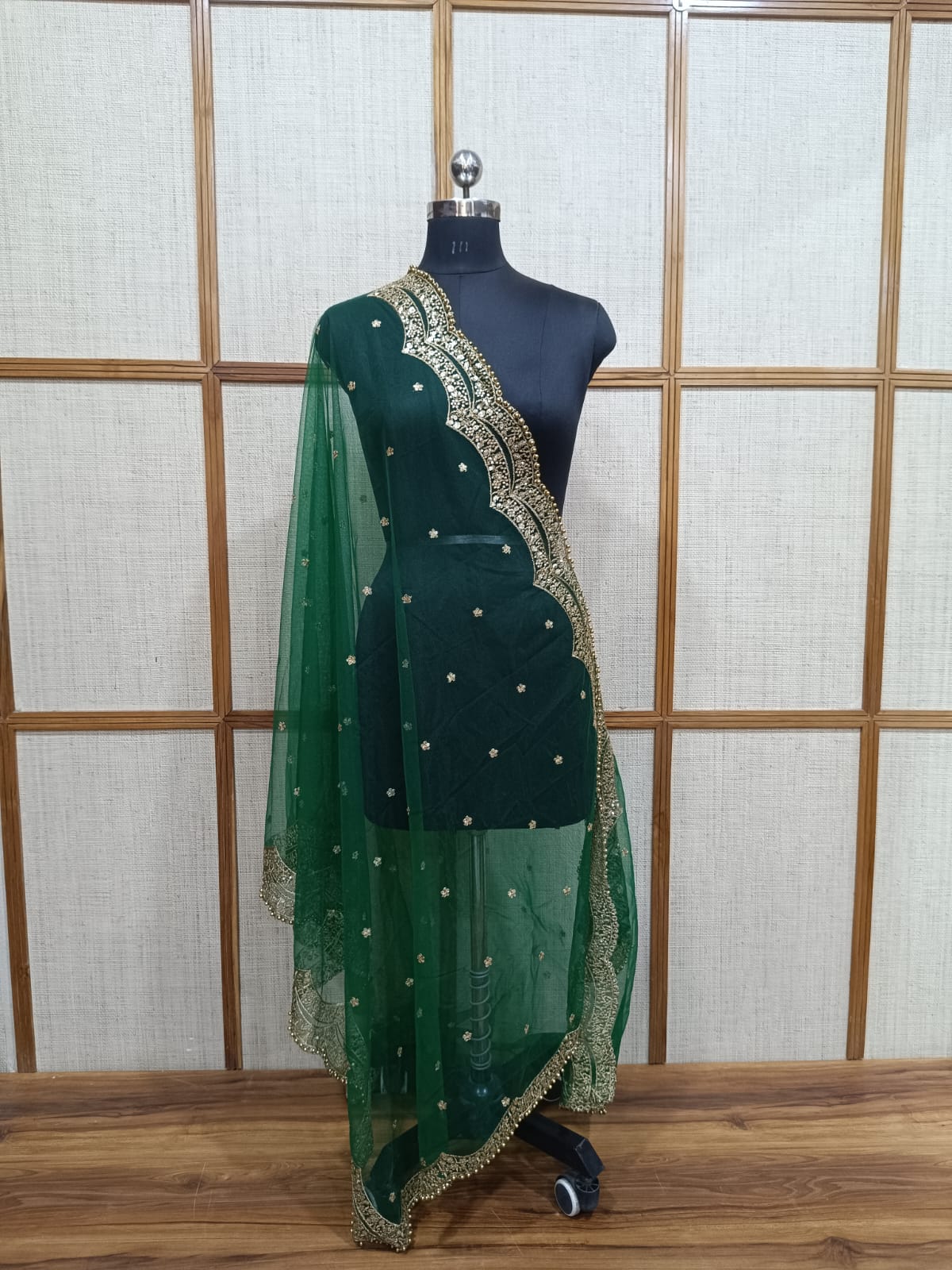Bridal Net Dupatta with Golden Pearl Cutwork | Pashloom