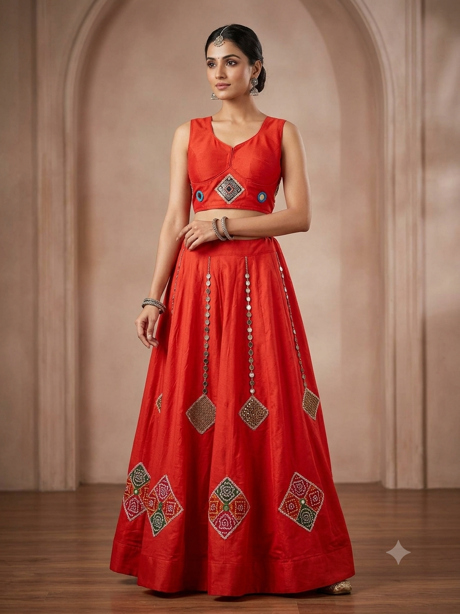 Navratri orange color chaniya choli with kutchi patch work