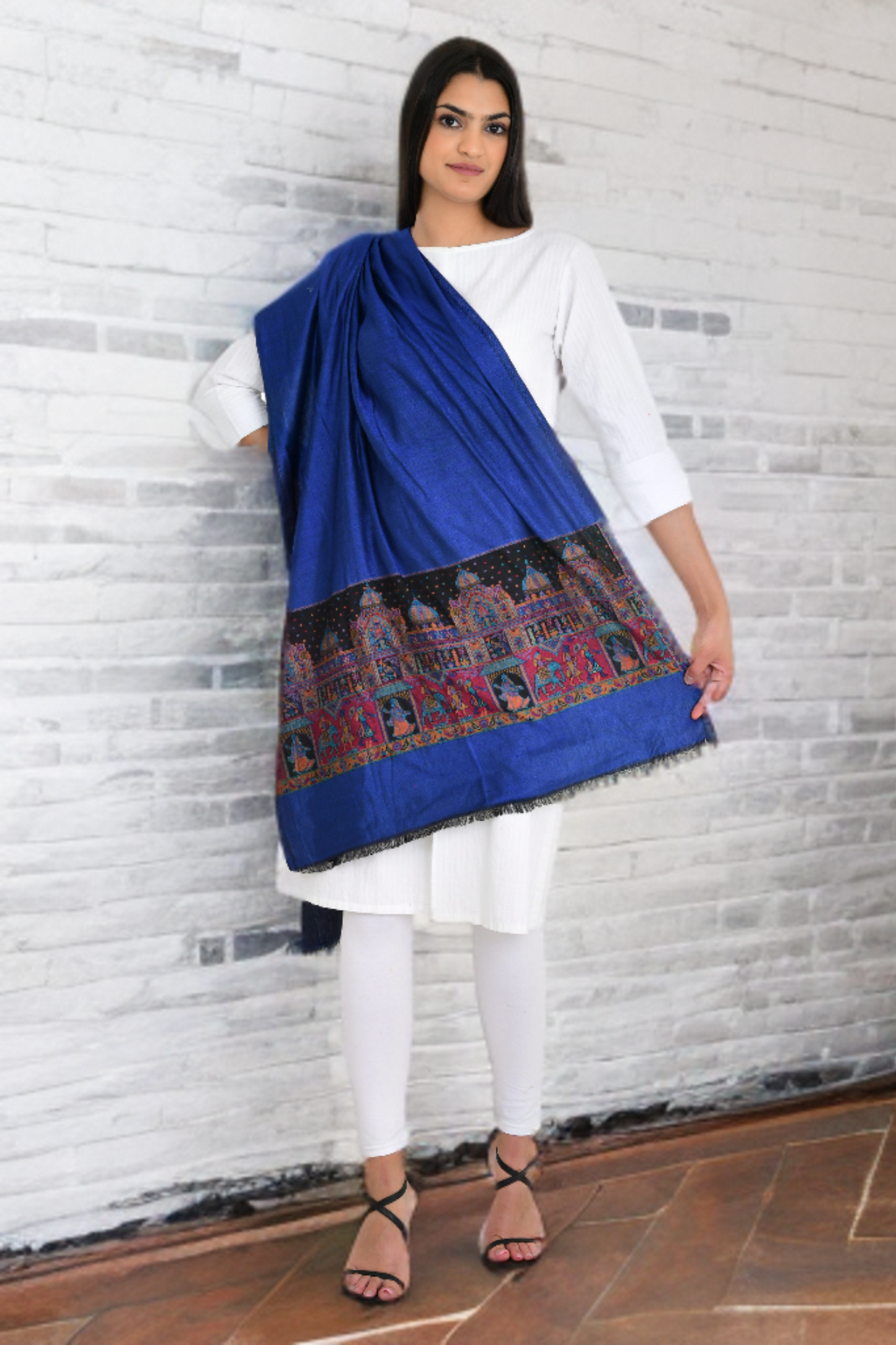 Royal Blue Stole with Fort Design Weaving on Borders