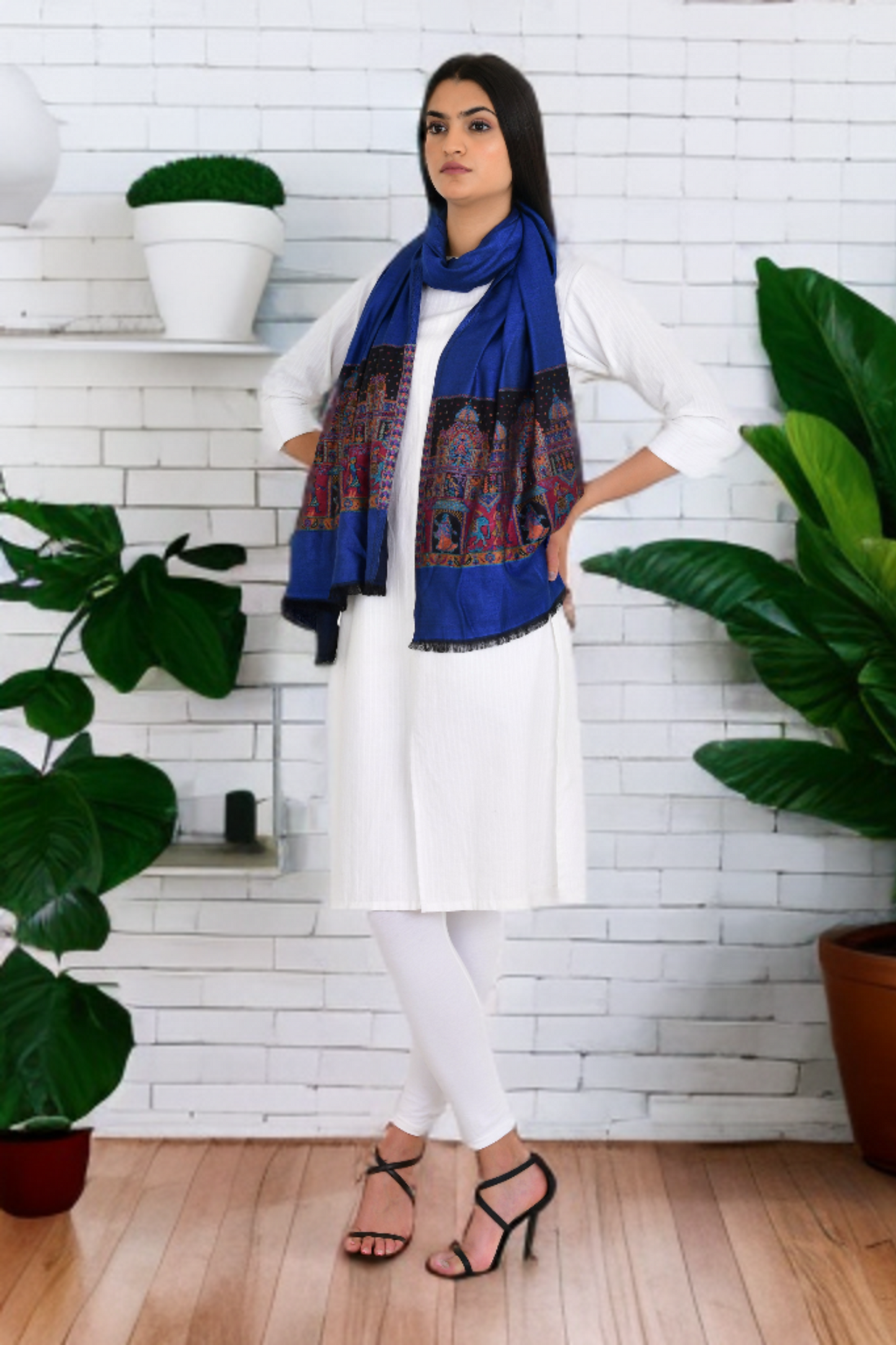 Royal Blue Stole with Fort Design Weaving on Borders