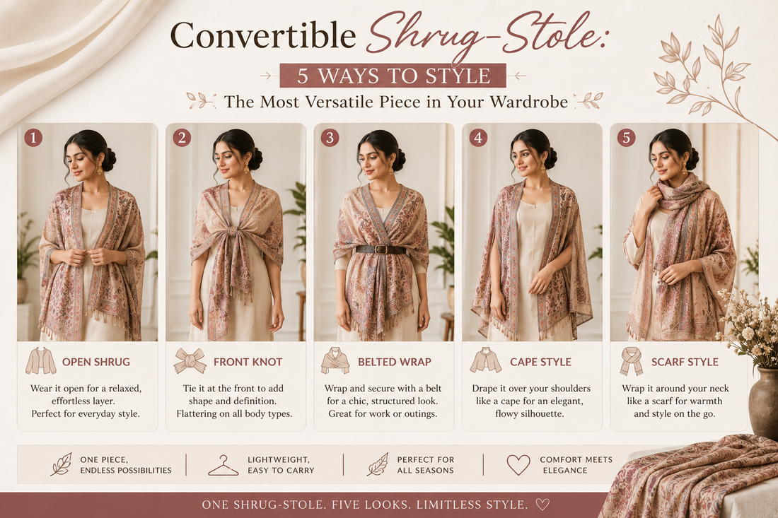Convertible Shrug Cum Stole – 5 Ways to Style the Most Versatile Piece | Pashloom
