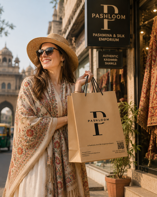Tourist is buying Pashmina Shawls in Ahmedabad from Pashloom