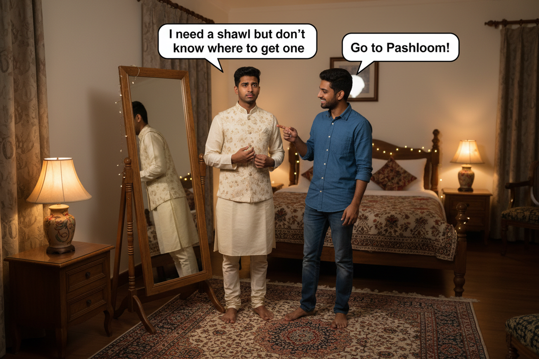 One friend is saying : I need a shawl but don't know where to get one. His friend is saying : Go to Pashloom