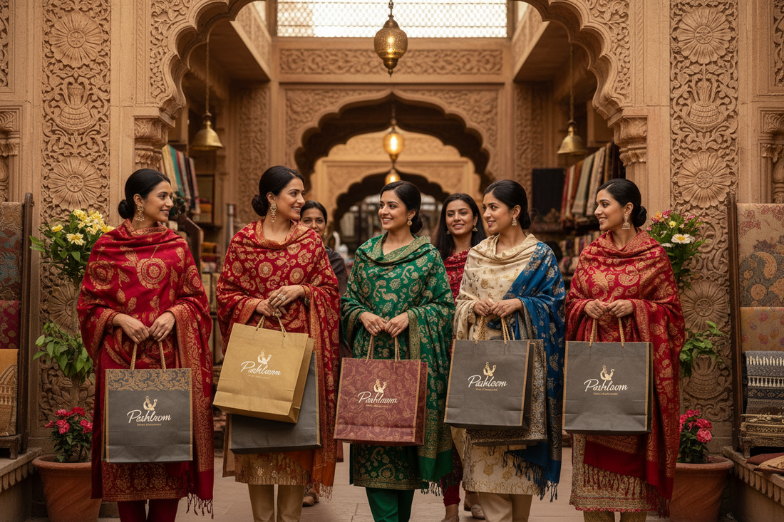 women wearing woolen shawls and having bags of Pashloom