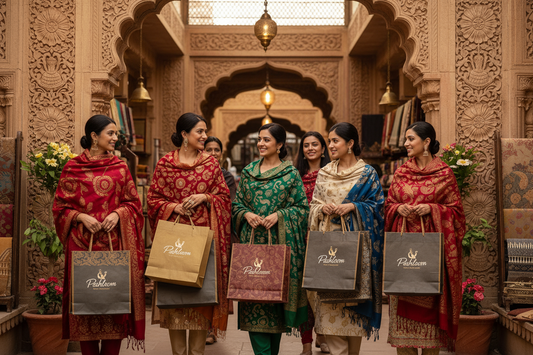 women wearing woolen shawls and having bags of Pashloom