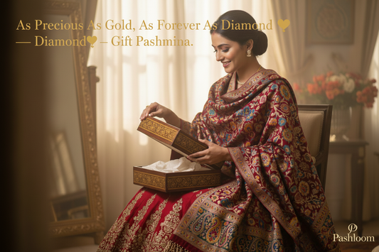 a bride wearing a Pashmina from brand Pashloom with the caption overlay:  “As Precious As Gold, As Forever As Diamond 💛 — Gift Pashmina.