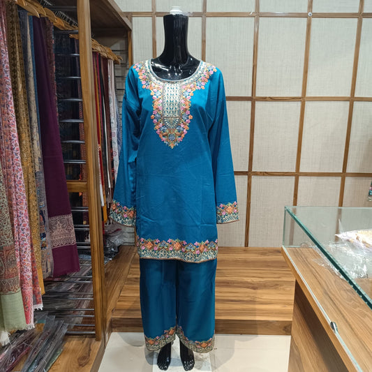 Designer Kashmiri Woolen Cord Set| Stitched Suit | Sea Green Color Woolen dress