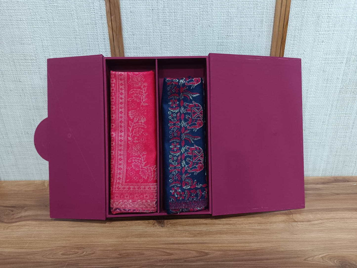 Pashloom royal blue, blue, red semi wool couple stole set for wedding and festive gifting, product image 2