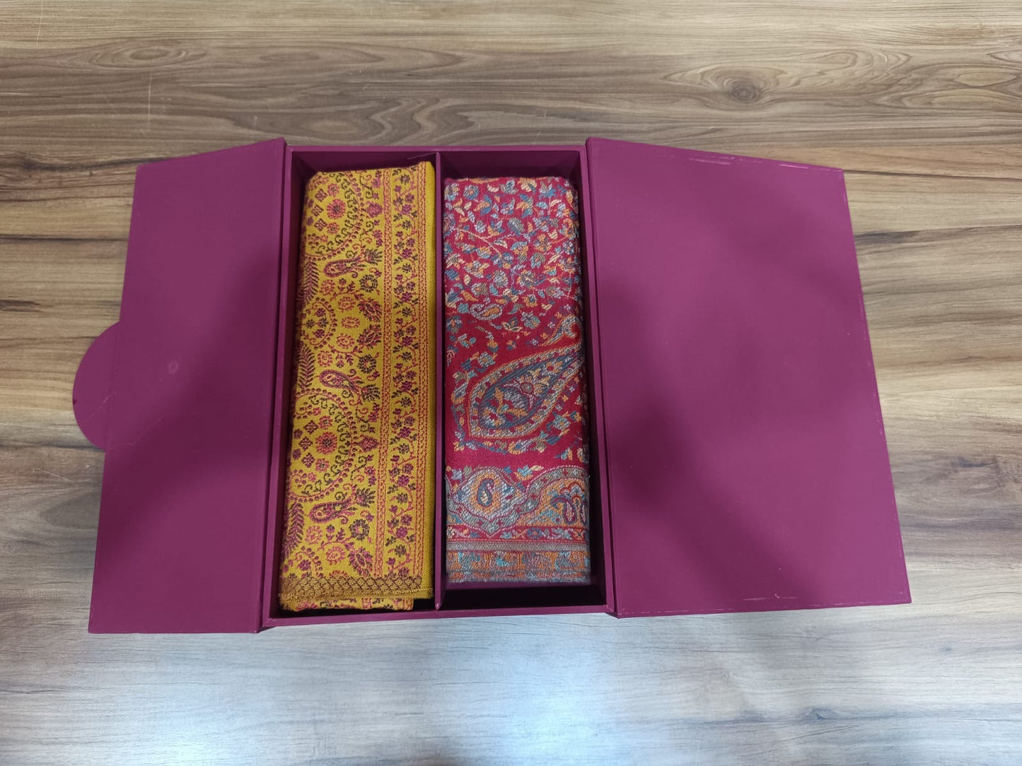 Pashloom mustard, red semi wool couple stole set for wedding and festive gifting, product image 3
