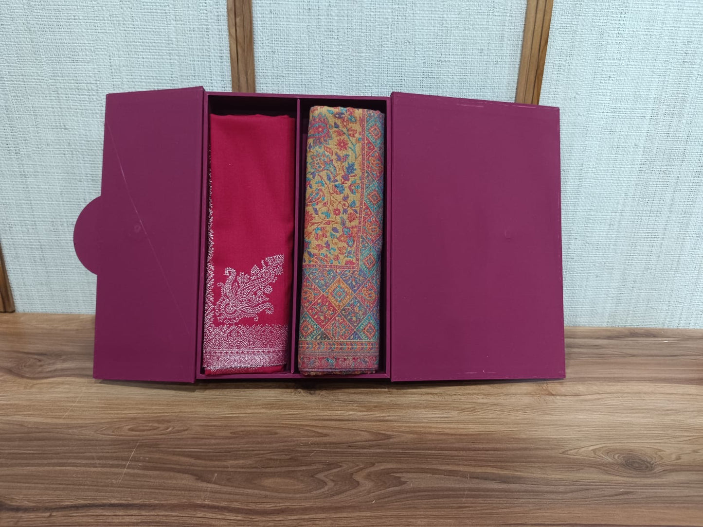 Pashloom red, mustard semi wool couple stole set for wedding and festive gifting, product image 2