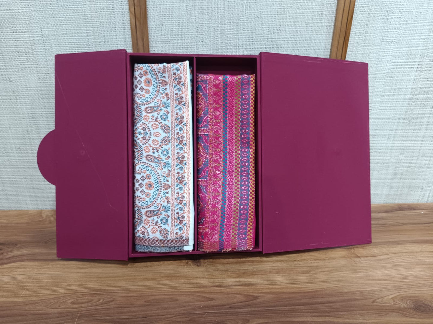 Pashloom hot pink, silver, white semi wool couple stole set for wedding and festive gifting, product image 2