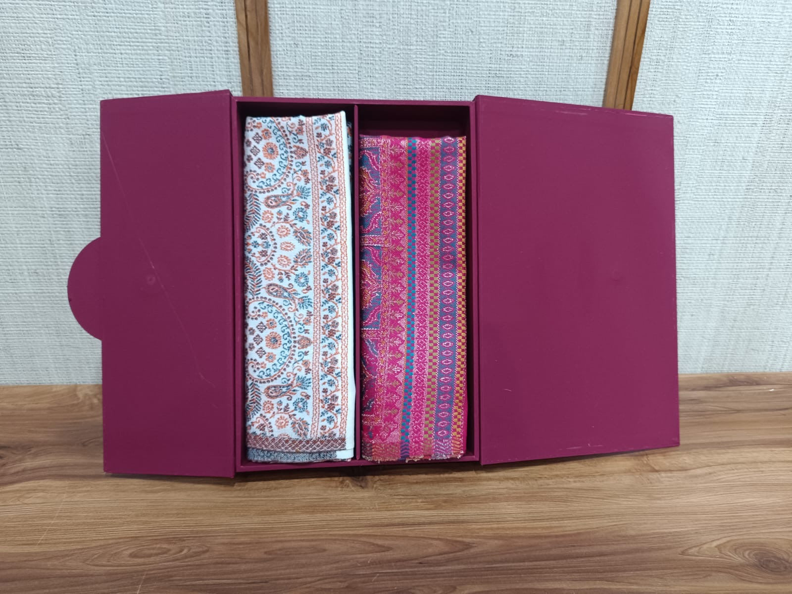 Pashloom hot pink, silver, white semi wool couple stole set for wedding and festive gifting, product image 2