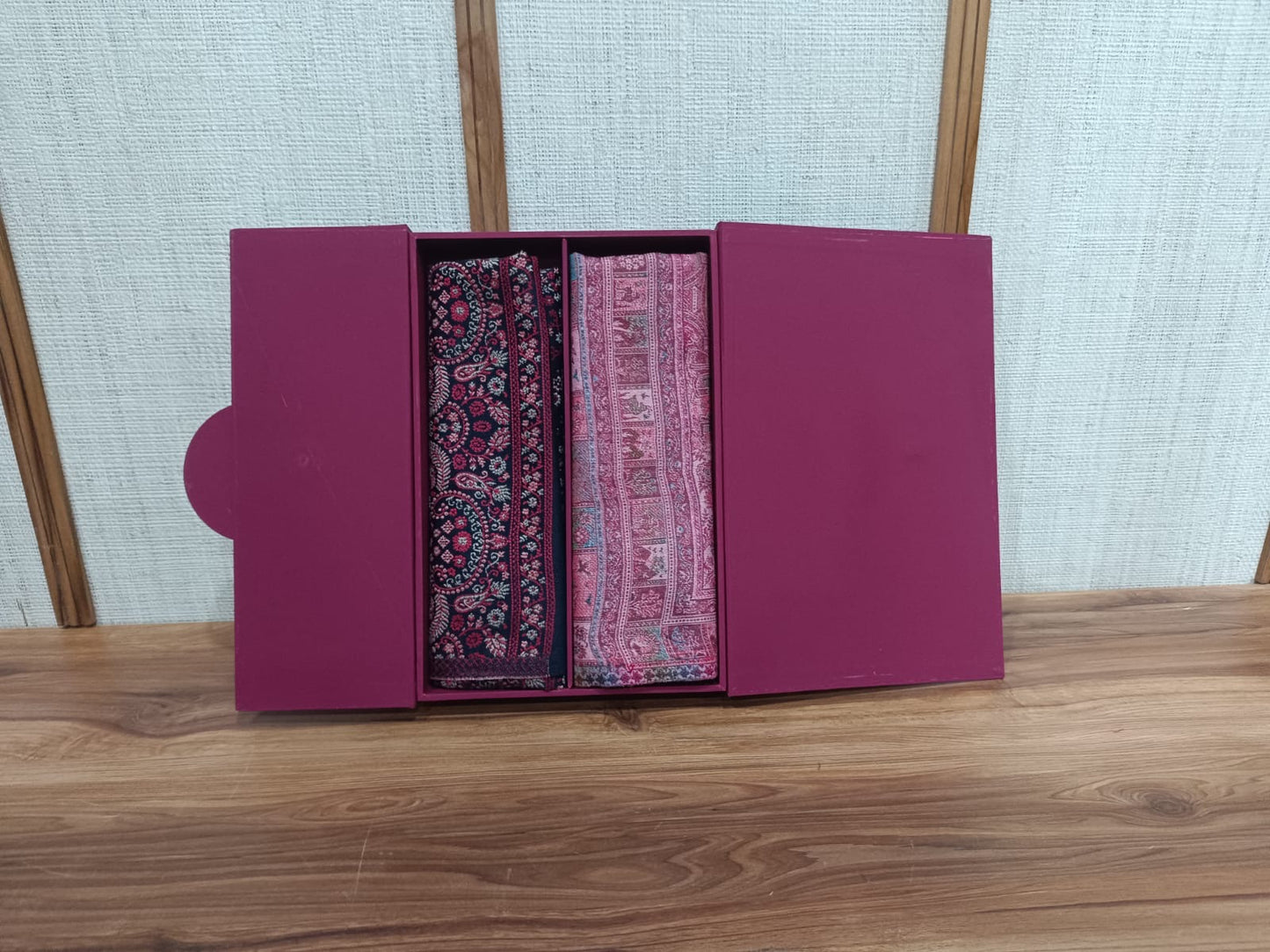 Pashloom hot pink, black, peach, baby pink semi wool couple stole set for wedding and festive gifting, product image 2
