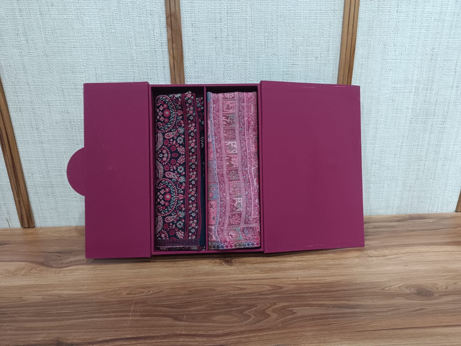 Pashloom hot pink, black, peach, baby pink semi wool couple stole set for wedding and festive gifting, product image 2