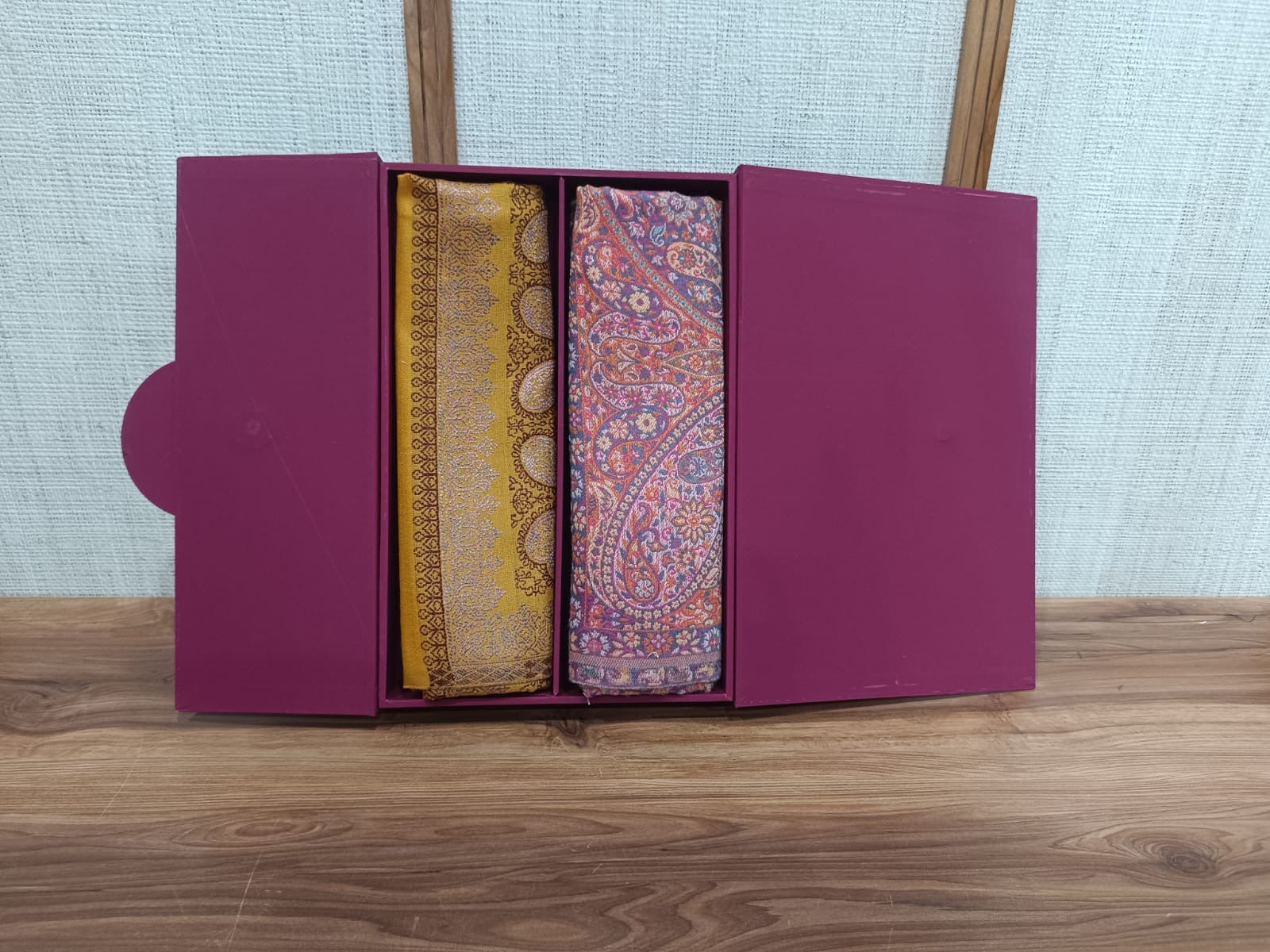 Pashloom hot pink, mustard semi wool couple stole set for wedding and festive gifting, product image 2