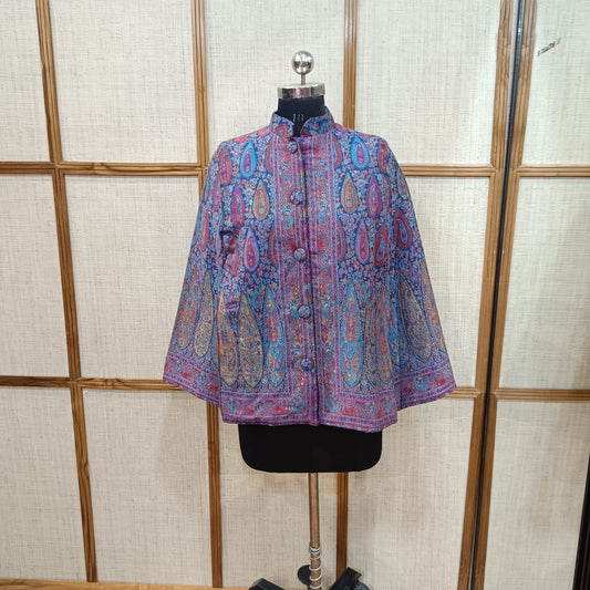 Blue Woolen Cape with Zari Work | Jacket cum Cape for Women