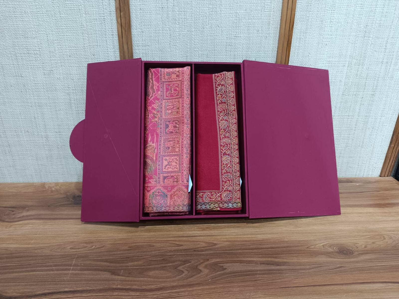 Pashloom hot pink, red semi wool couple stole set for wedding and festive gifting, product image 2