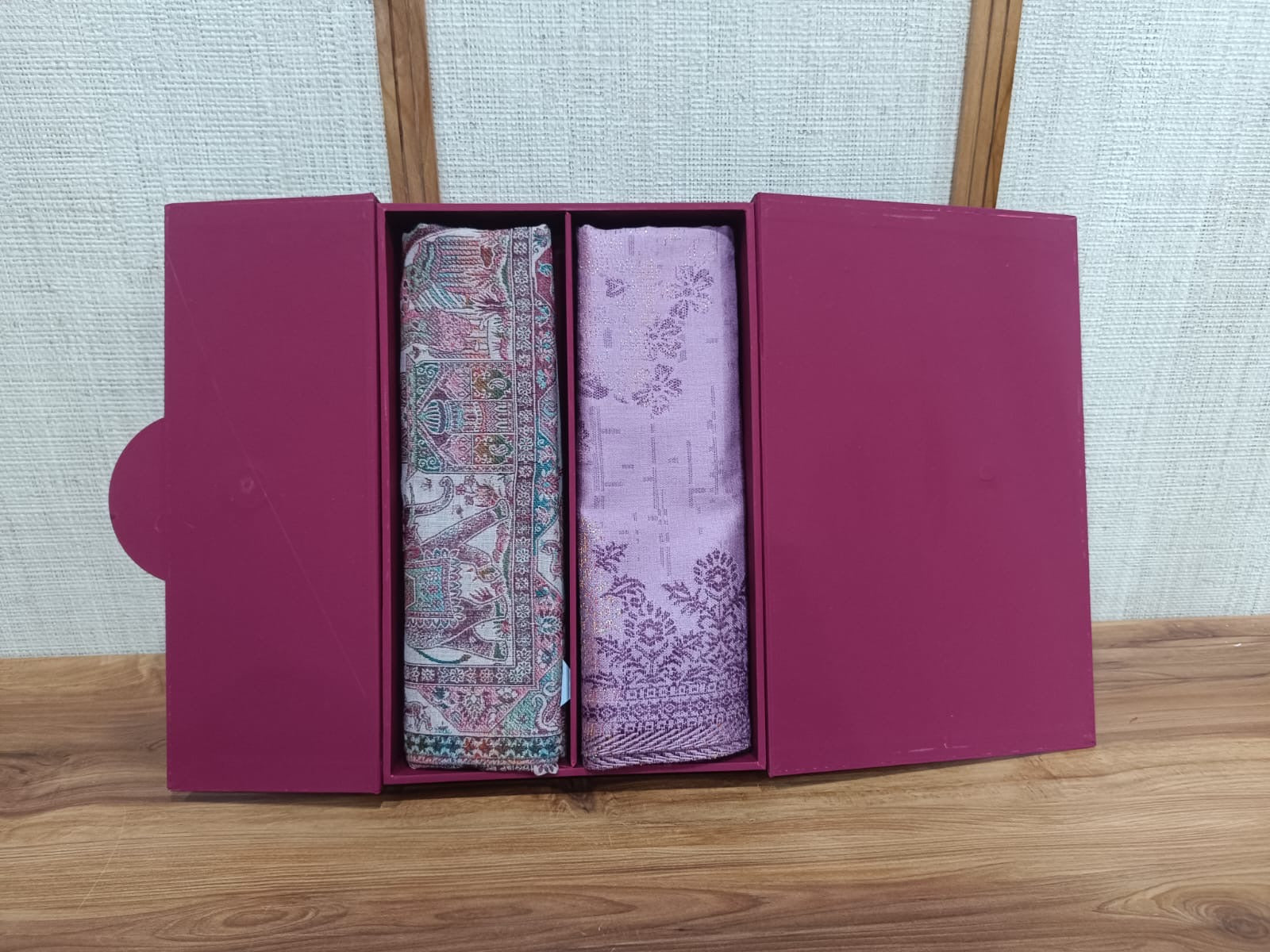 Pashloom silver, grey, purple, baby pink semi wool couple stole set for wedding and festive gifting, product image 3