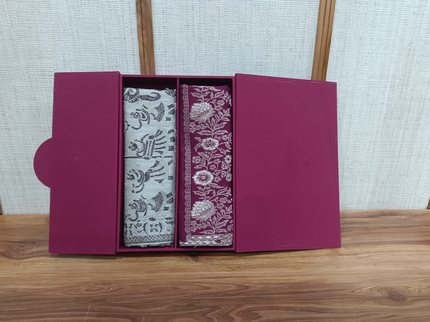Pashloom hot pink, red, wine, grey semi wool couple stole set for wedding and festive gifting, product image 2
