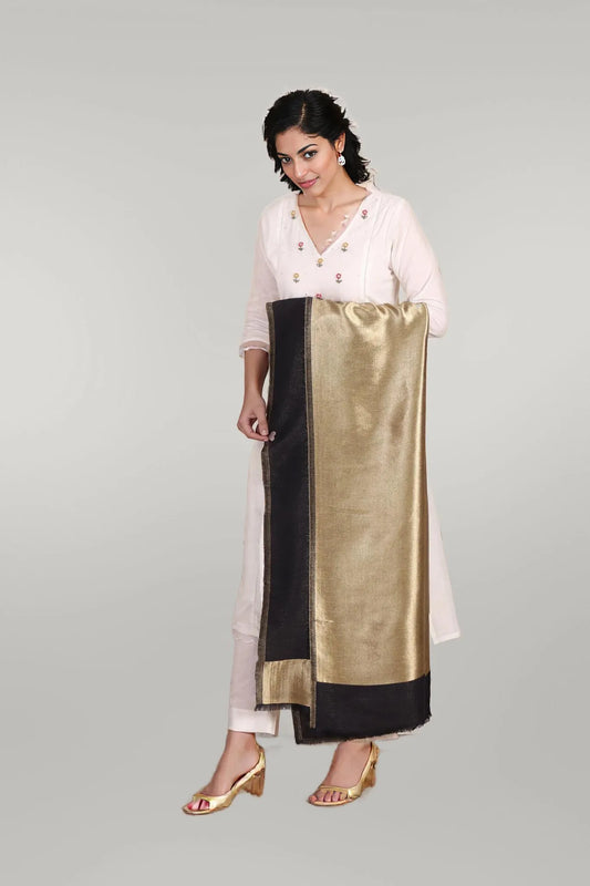 Black & Gold Reversible Fine Wool Stole with Moonlight Zari Work | Pashloom™