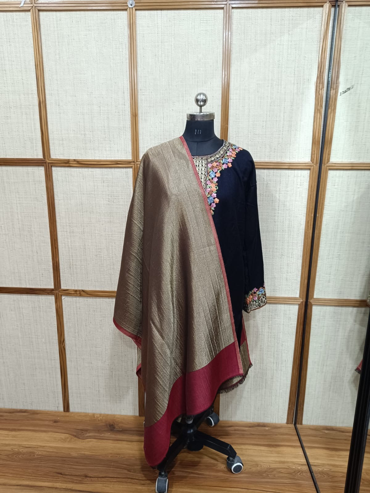 Unisex Reversible Red Color Modal Wool Stole with Golden Zari Detailing