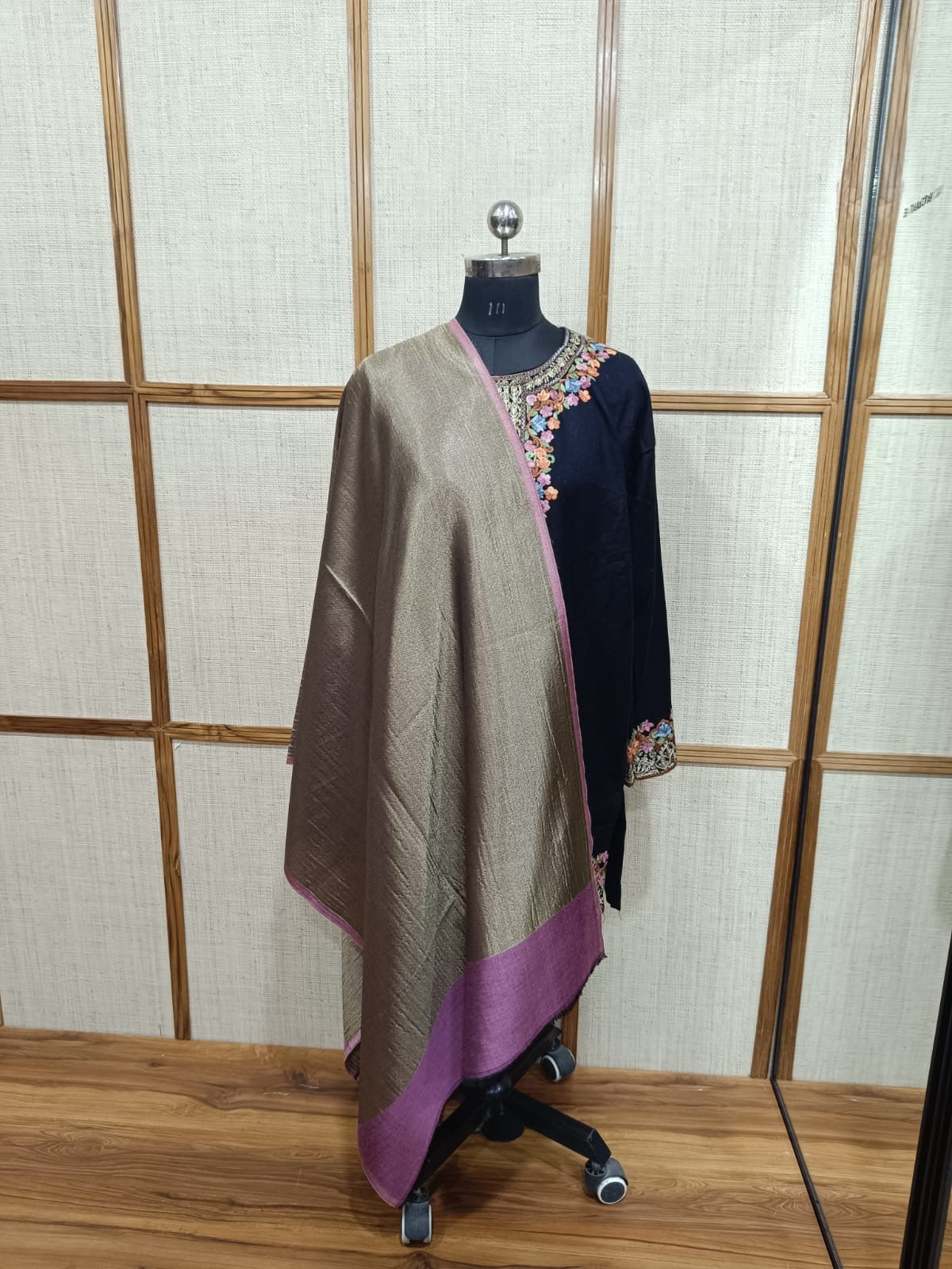 Zari Reversible Modal Wool Onion Pink Stole with Moonlight Gold Weaving