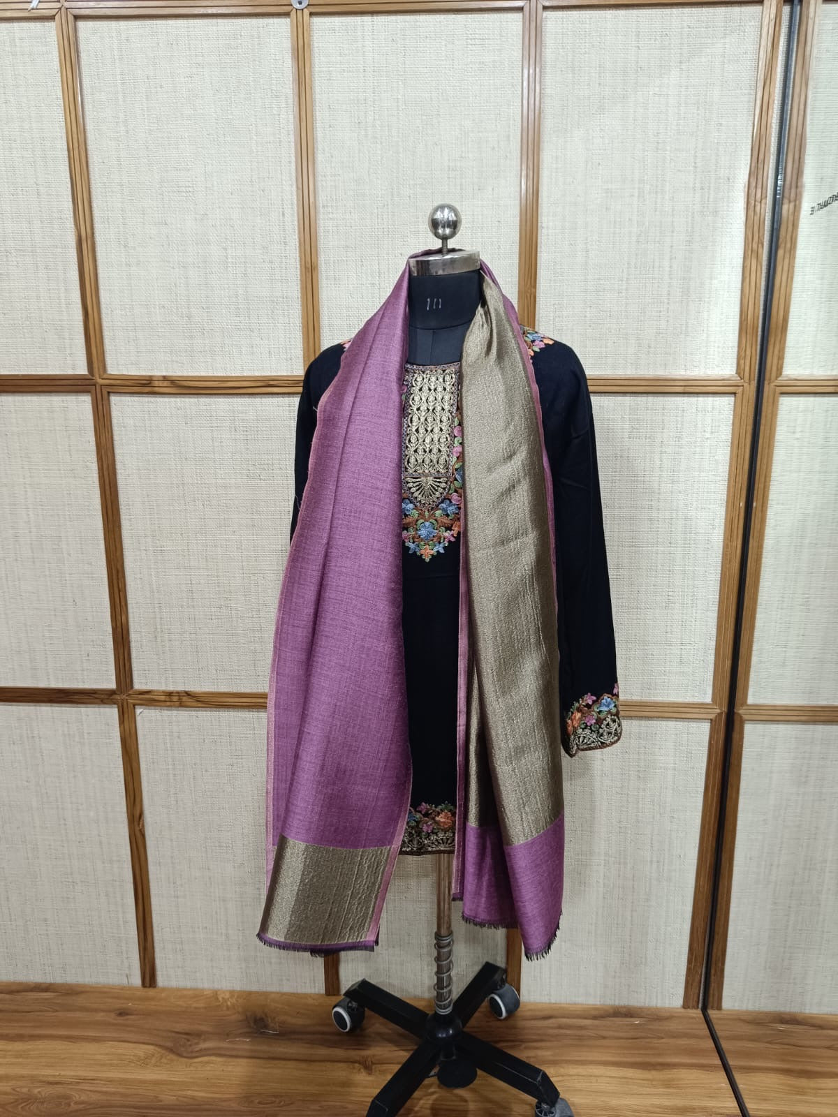 Zari Reversible Modal Wool Onion Pink Stole with Moonlight Gold Weaving