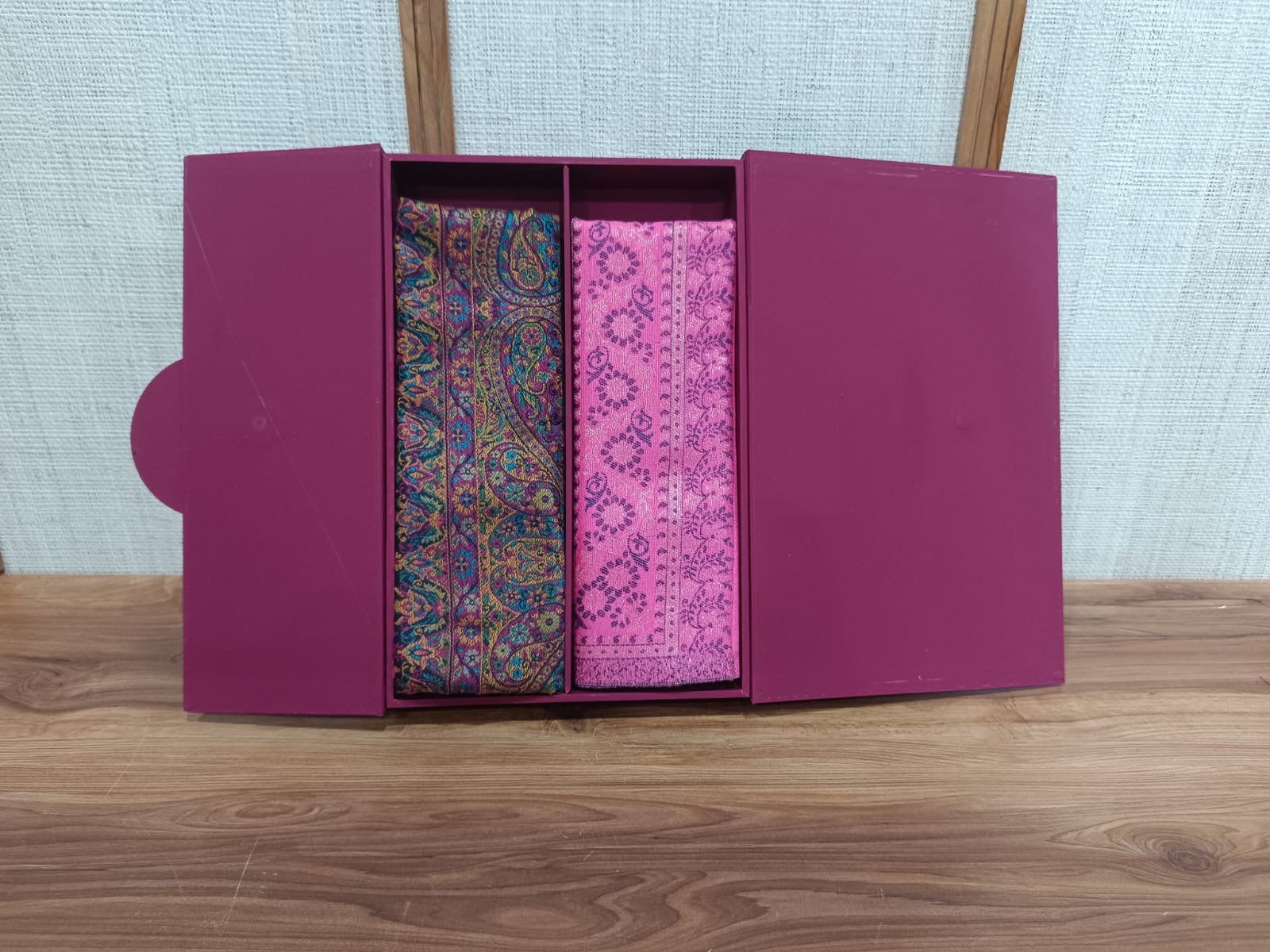 Pashloom hot pink, baby pink, fuchsia pink, black semi wool couple stole set for wedding and festive gifting, product image 2