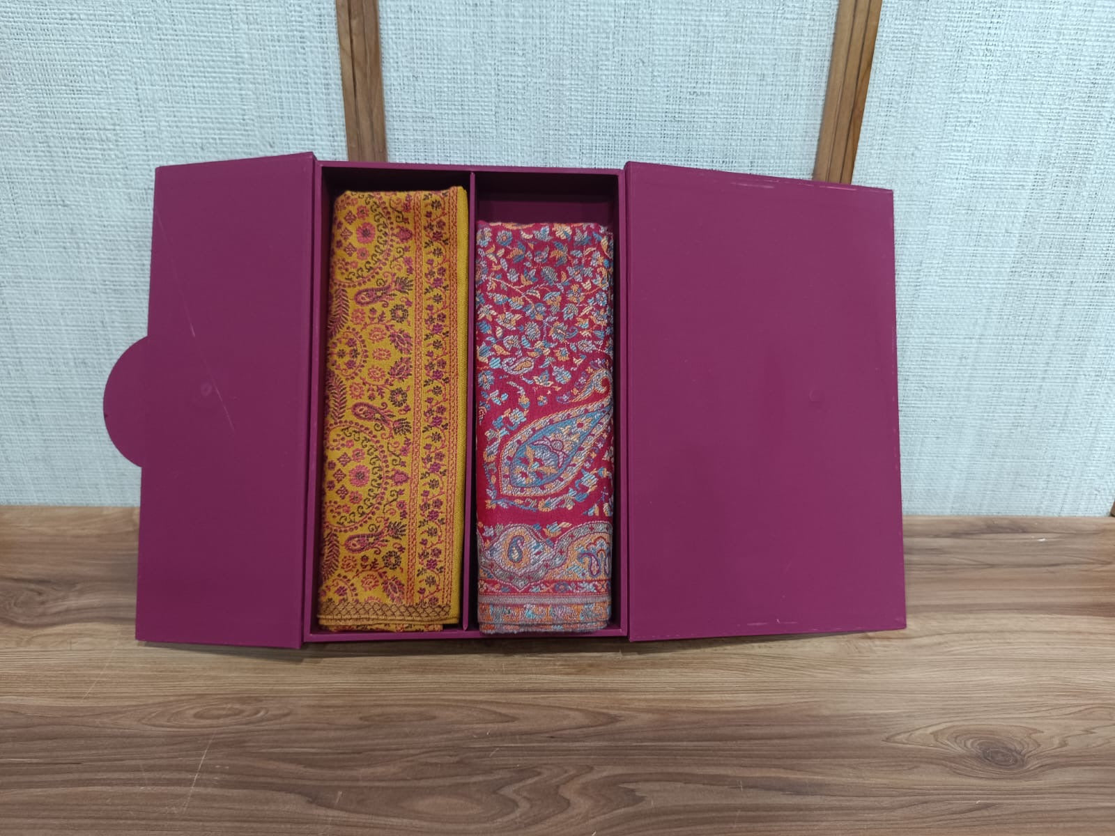 Pashloom mustard, red semi wool couple stole set for wedding and festive gifting, product image 2