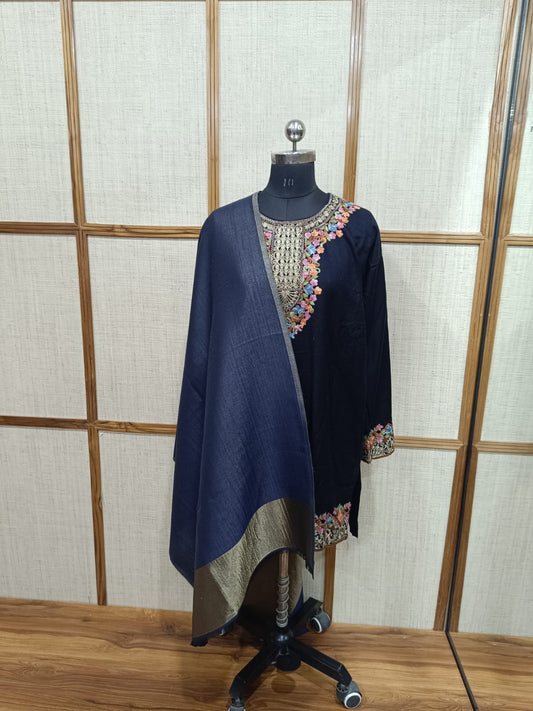 Exclusive Reversible Deep Midnight Blue Modal Wool Stole with Moonlight Zari