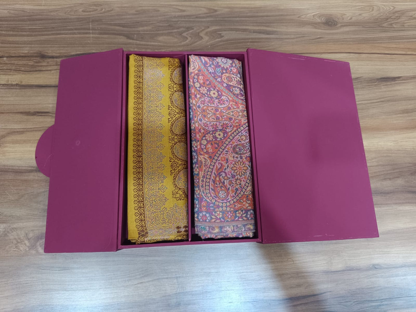 Pashloom hot pink, mustard semi wool couple stole set for wedding and festive gifting, product image 7
