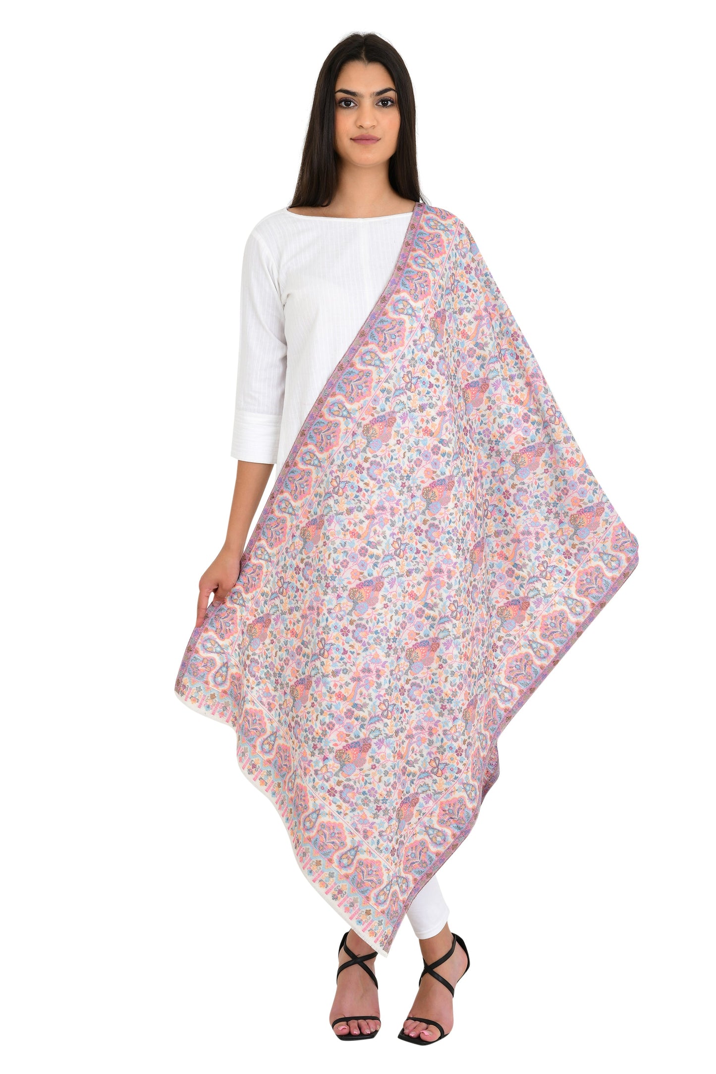 Pashloom white, beige, gold semi wool stole for premium gifting, product image 6
