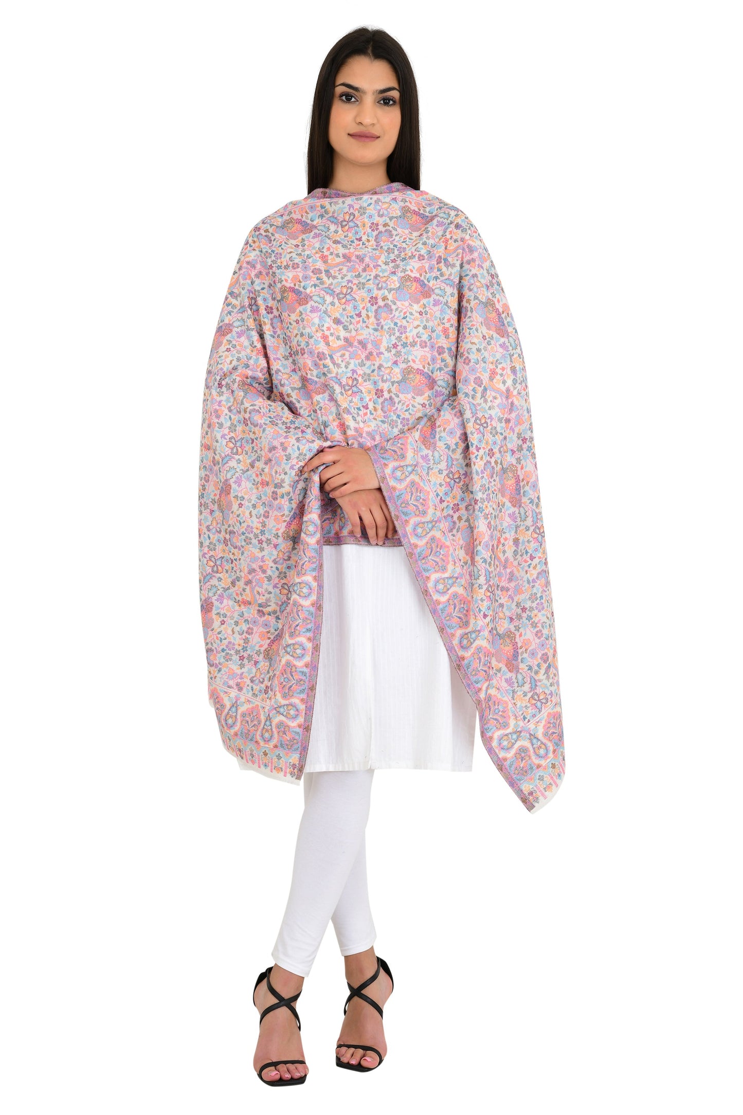 Pashloom white, beige, gold semi wool stole for premium gifting, product image 7