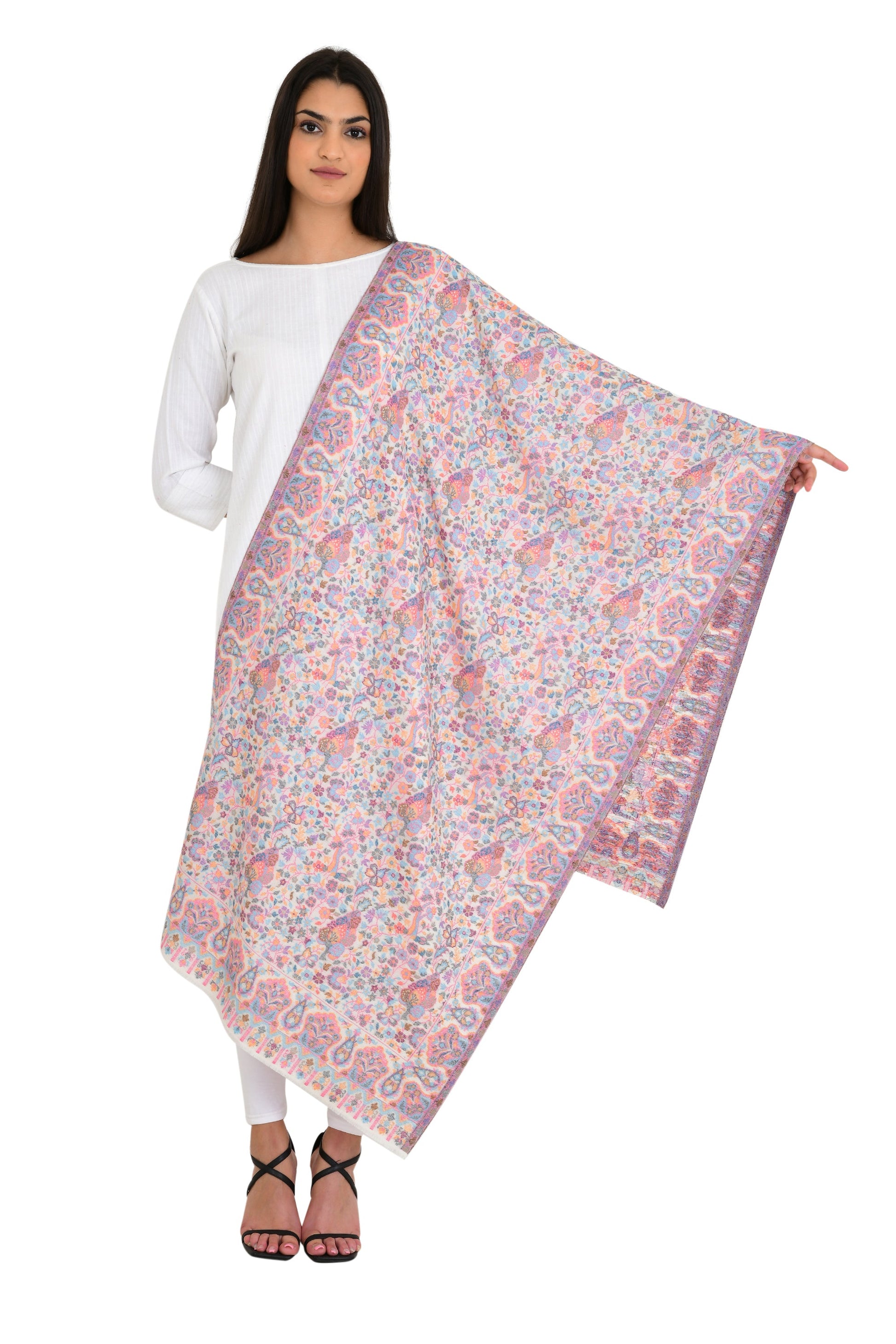 Pashloom white, beige, gold semi wool stole for premium gifting, product image 8