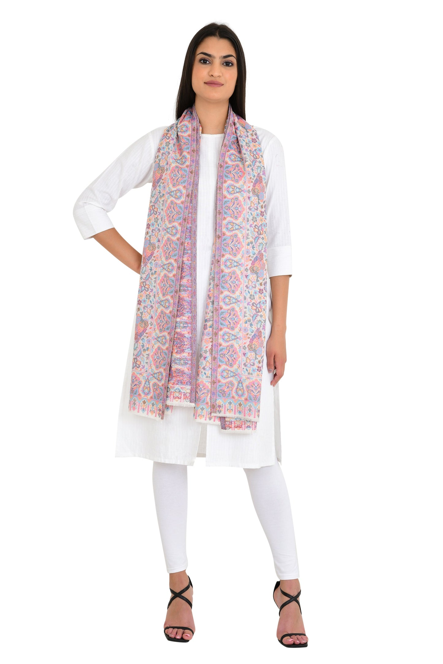 Pashloom white, beige, gold semi wool stole for premium gifting, product image 9