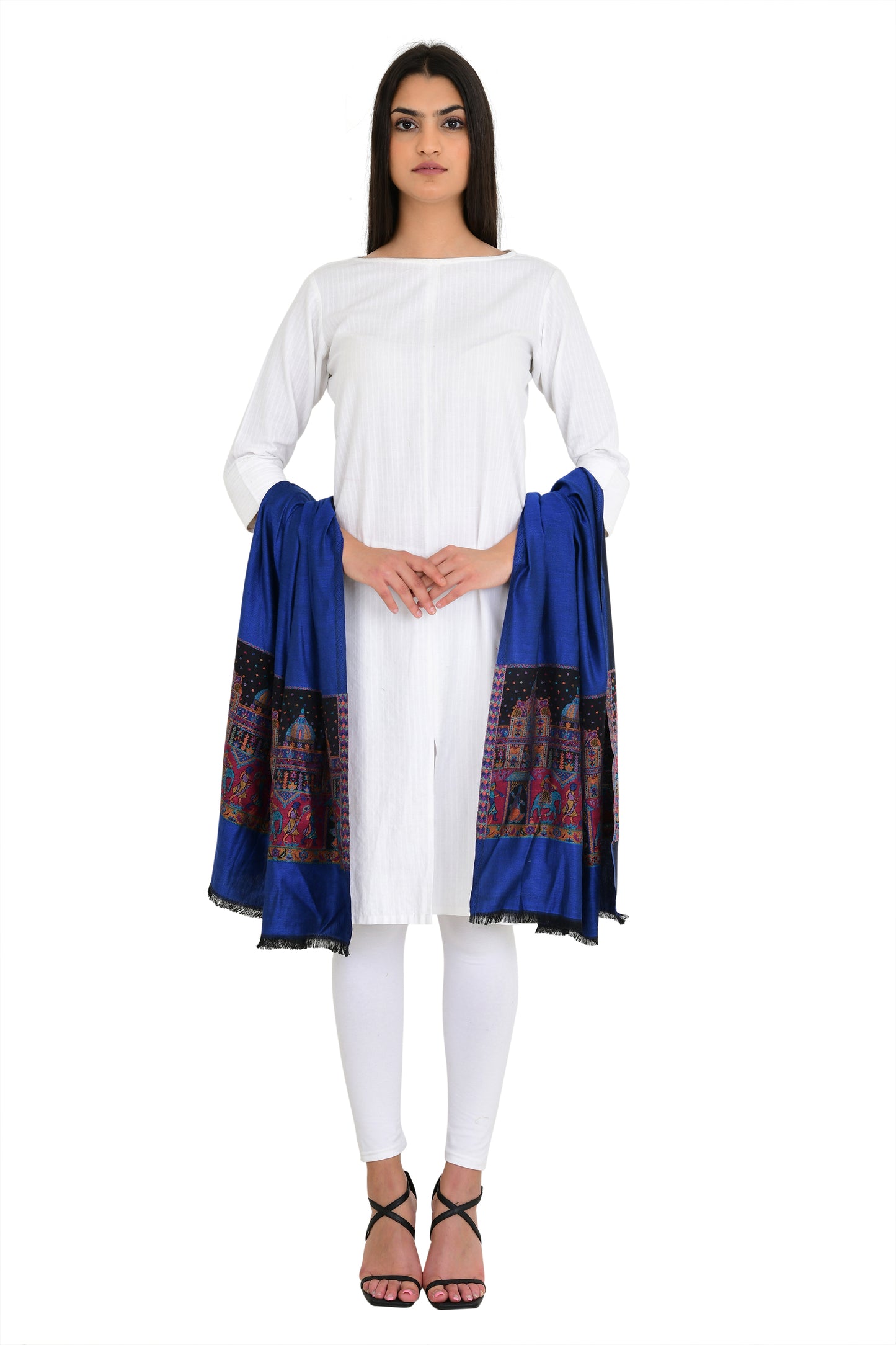 Royal Blue Stole with Artisanal Heritage Fort Design Woven Border