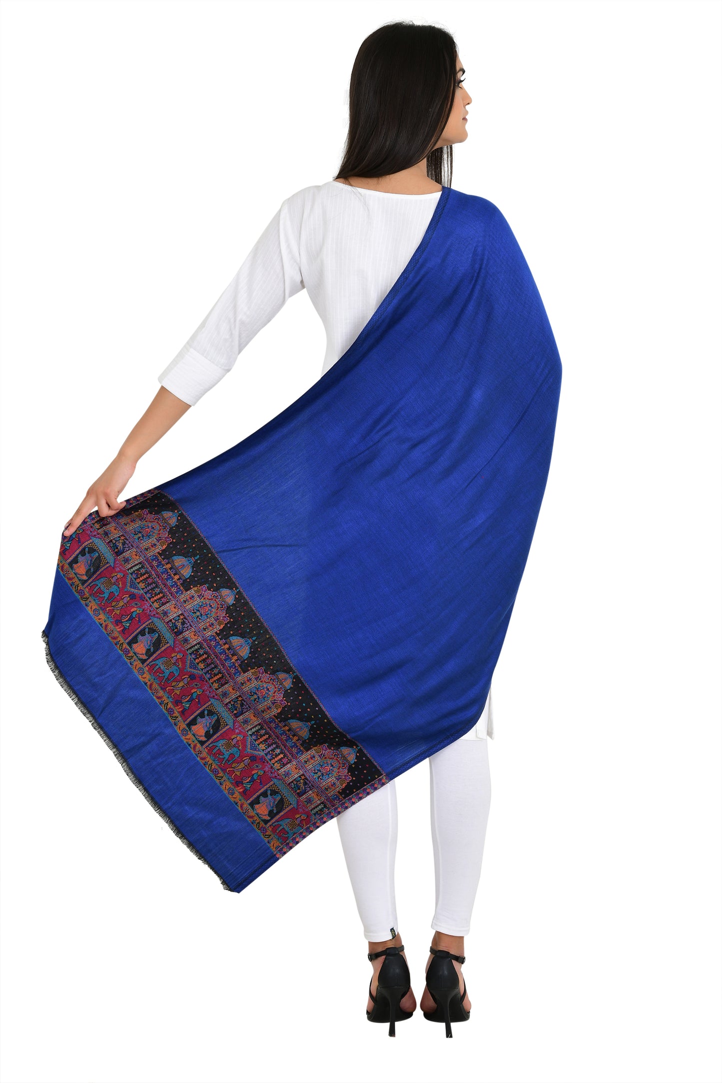 Royal Blue Stole with Artisanal Heritage Fort Design Woven Border