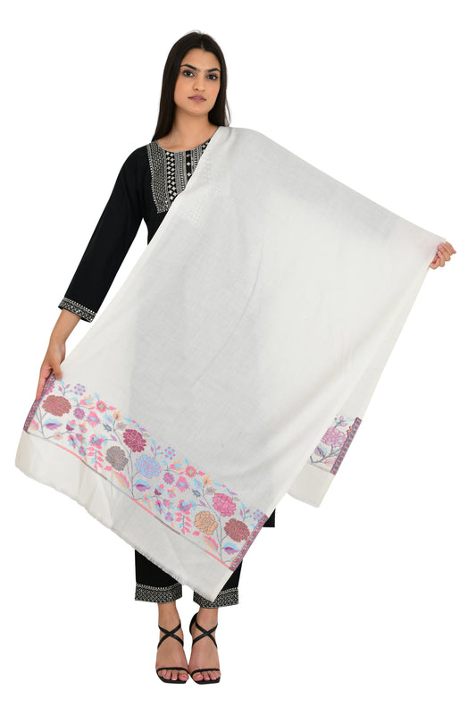 Pure Wool White Stole with Floral Weaving Palla