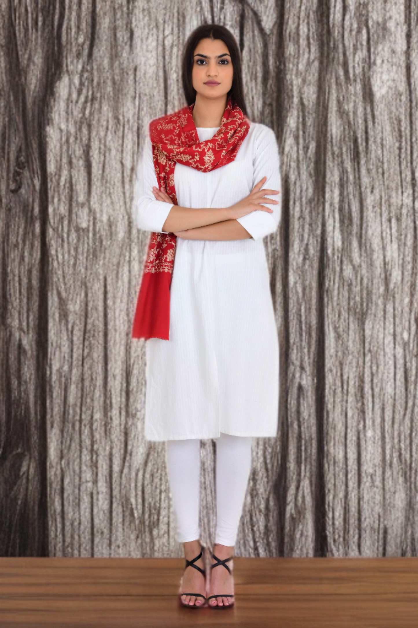 Festive Red Woolen Embroidered Stole Shawl for Women with Sarvoski Craft