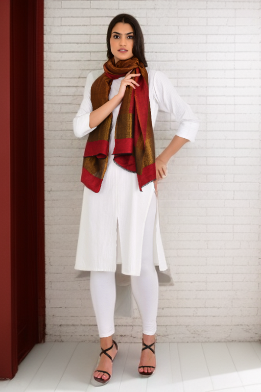 Radiant Red Gold Moonlight Zari Reversible Fine Wool Stole Shawl for Women