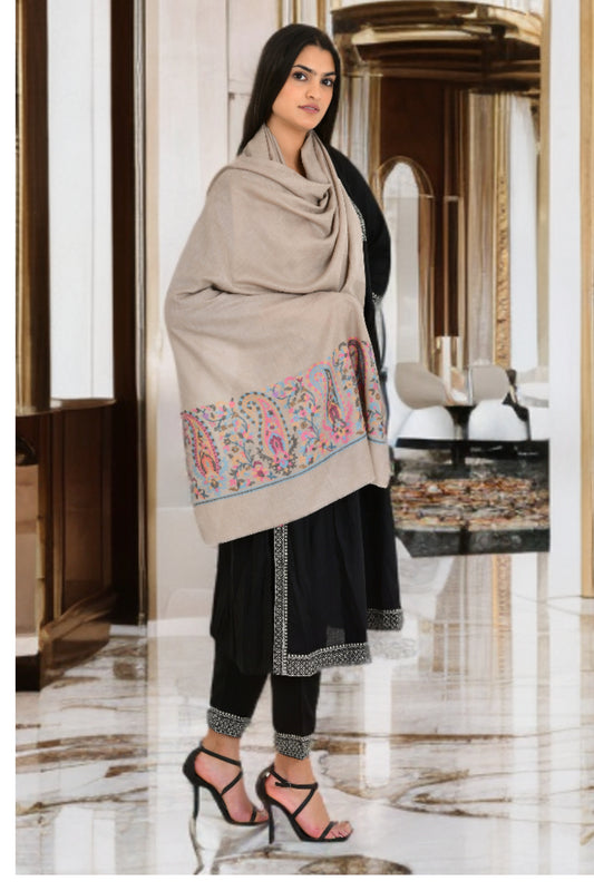 Fine wool beige color stole shawl for women with exquisite border weaving