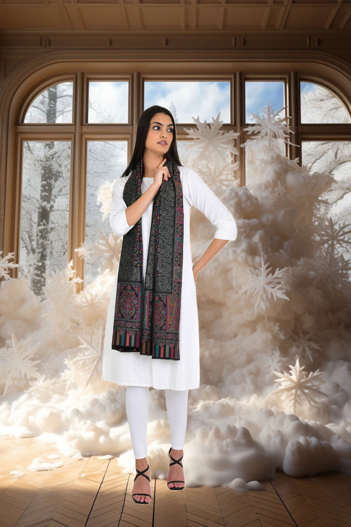 Floral Black Kaani Weaving Stole with a Touch of Zari Shimmer