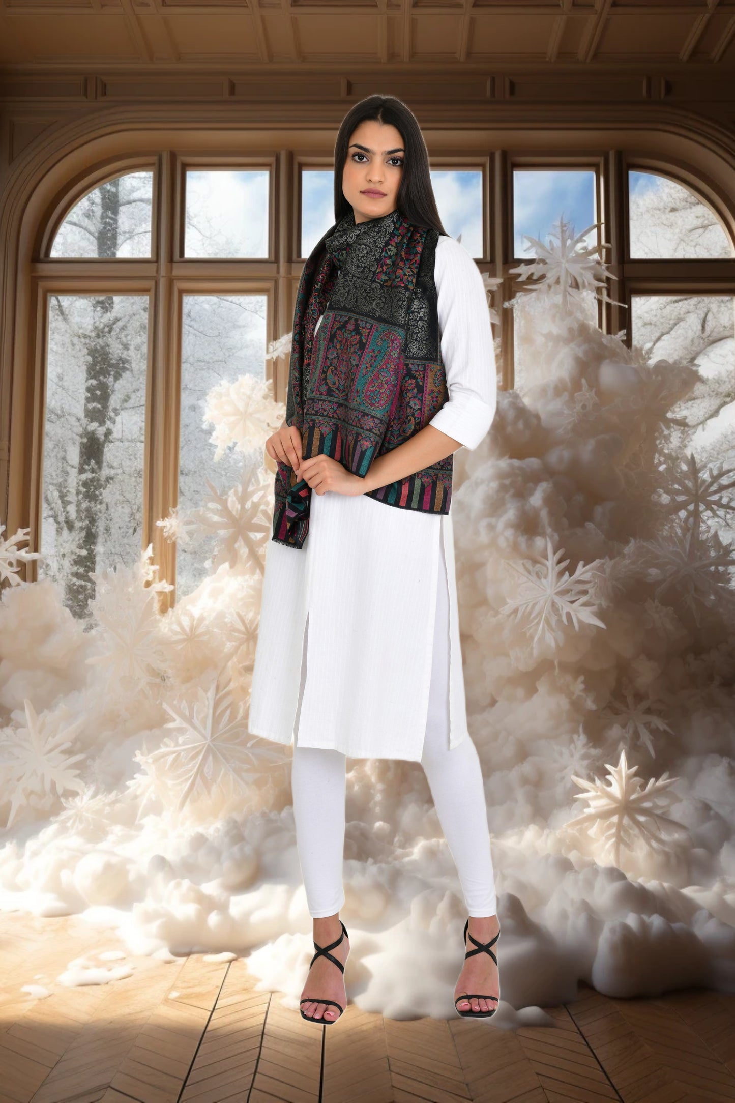Floral Black Kaani Weaving Stole with a Touch of Zari Shimmer