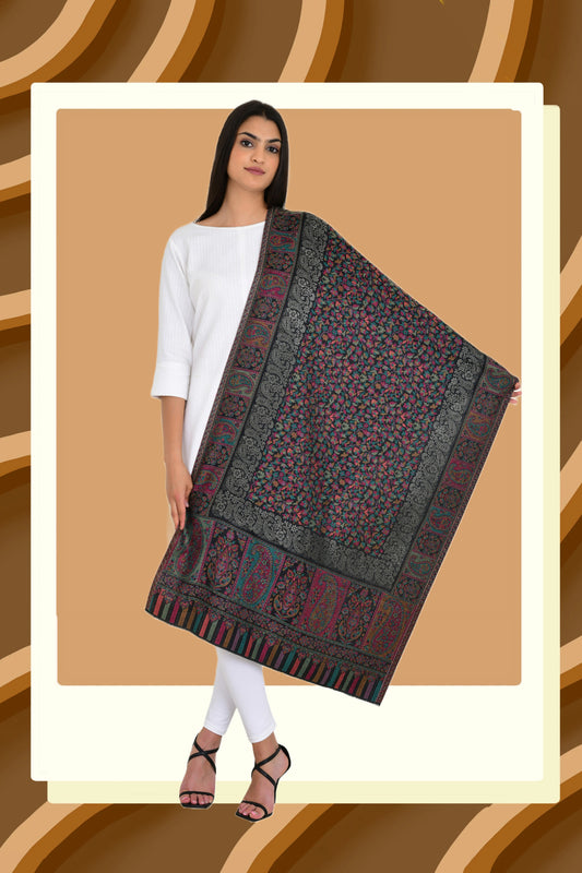 Floral Black Kaani Weaving Stole with a Touch of Zari Shimmer