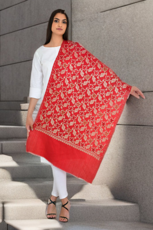 Festive Red Woolen Embroidered Stole Shawl for Women with Sarvoski Craft