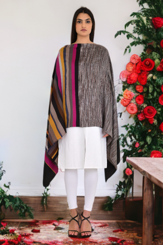 Black Fine Wool Stole with Modern Abstract Stripe Design Stole Shawl for Women